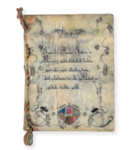 Antiguo Manuscrito encuadernado con un cordón con los colores de la ikurriña