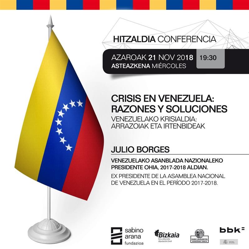 El diputado y ex presidente de la Asamblea Nacional de Venezuela, Julio Borges, impartirá una conferencia en Sabino Arana Fundazioa