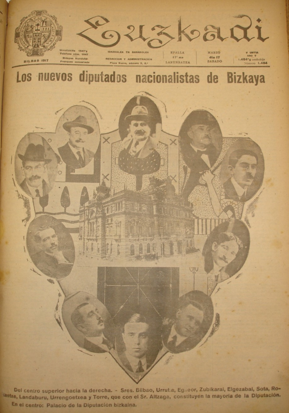 Portada del diario Euzkadi que comunica la victoria del nacionalismo vasco en las elecciones de marzo de 1917.
