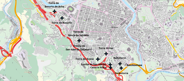 Mapa de las torres de Abando analizadas en este artículo.