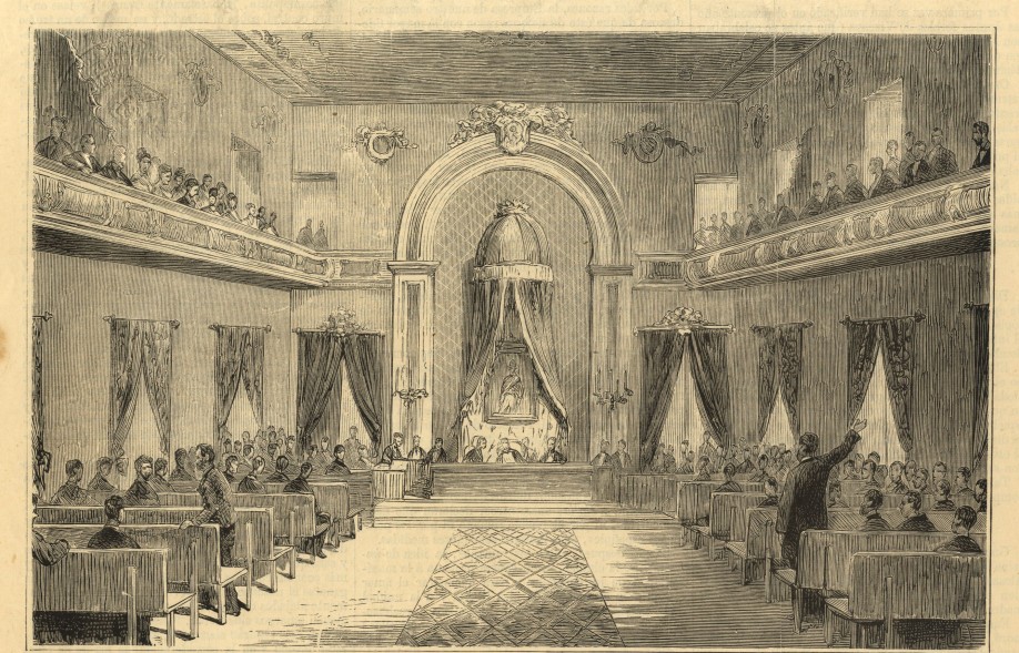 Bizkaiko Batzar Nagusiak Bilbon, Institutuan, 1876ko urriaren 22an burutu zuten batzarrean. Argazkia: La Ilustración Española y American