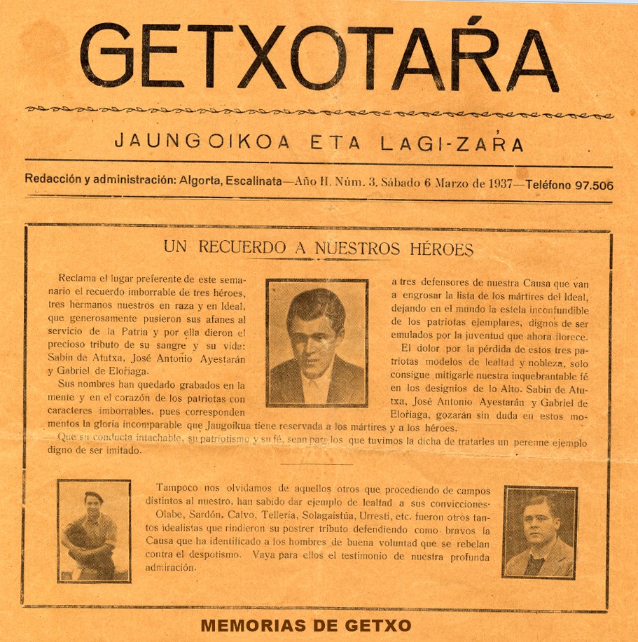 Portada del diario ‘Getxotarra’, publicado el 6 de marzo de 1937, dedicada a los gudaris Sabin Atutxa, José Antonio Ayestaran y Gabriel Elorriaga, fallecidos en el frente. Foto extraída del blog Memorias de Getxo el periódico nacionalista de Getxo.