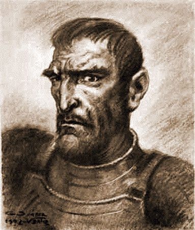 ‘Lope de Aguirre. Reconstrucción’, ilustración de Germán Suárez Vér tiz. Foto: Juan B. Lastres y C. Alberto Seguín, Lope de Aguirre, el rebelde: estudio histórico-psico lógico, vol. 1, Ministerio de Relaciones Exteriores del Perú. 1942