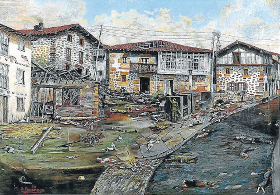 Reconstrucción del bombardeo en la plaza Andikona. Cuadro del otxandioarra Santi Capanaga.
