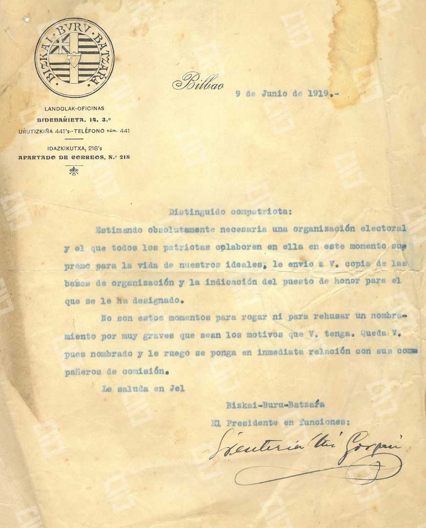 Imagen de uno de los documentos conservados en nuestro Archivo firmado por el presidente del BBB de EAJ-PNV, Gorgonio de Renteria, un 9 de junio de 1919.