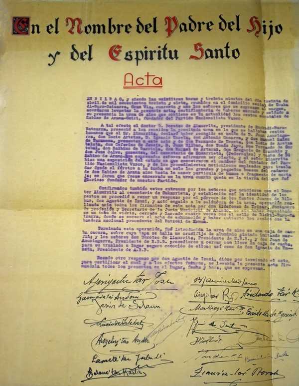Acta del traslado de los restos de Sabino Arana realizada por el EBB de EAJ-PNV durante la Guerra Civil