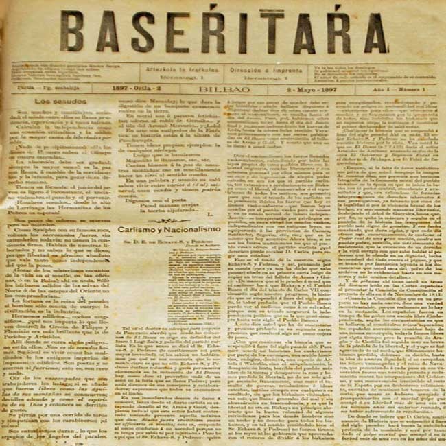 Primer número de “Baserritarra”, segundo de los periódicos nacionalistas vascos fundados por Sabino Arana. Primer número de “Baserritarra”, segundo de los periódicos nacionalistas vascos fundados por Sabino Arana.