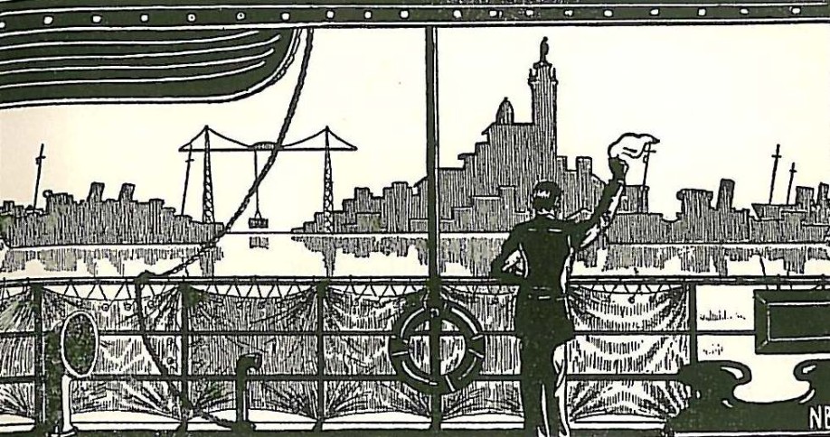 Despedida del puerto de Marsella. Dibujo de Nestor Basterretxea publicado en la obra de Tellagorri “París abandonada”.