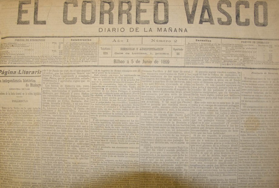 Ejemplar de uno de los primeros números, concretamente el nº 2, de El Correo Vasco. Ejemplar de uno de los primeros números, concretamente el nº 2, de El Correo Vasco.