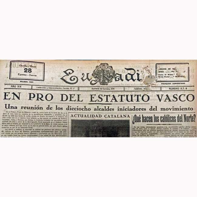 La noticia en la portada  Euzkadi del 28 de mayo de 1931.