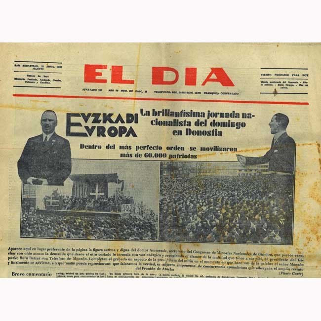 Portada de El Día del 18 de abril de 1933, que recoge los actos celebrados en el campo de Atotxa con motivo del segundo Aberri Eguna.