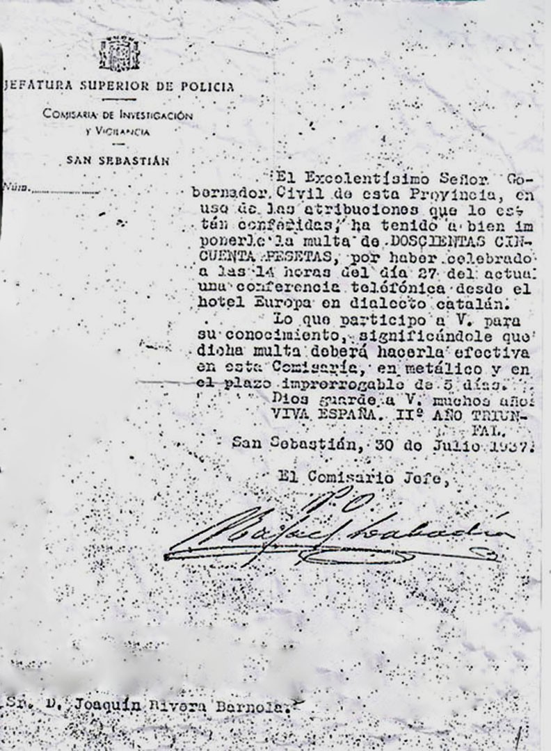 Multa impuesta por el gobernador civil de Gipuzkoa por hablar catalán. Multa impuesta por el gobernador civil de Gipuzkoa por hablar catalán.