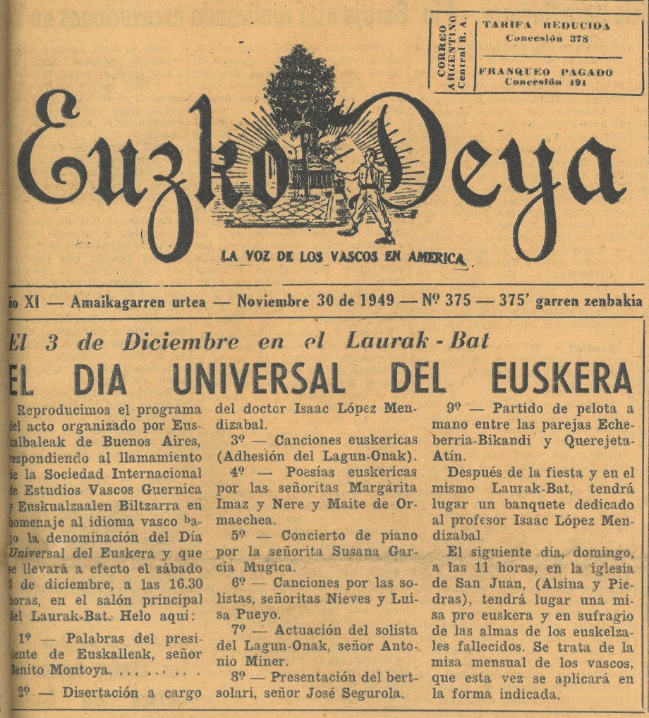 Eusko Deya “La Voz de los vascos en América”ren deia euskararen eguna ospatzeko.  (1949)